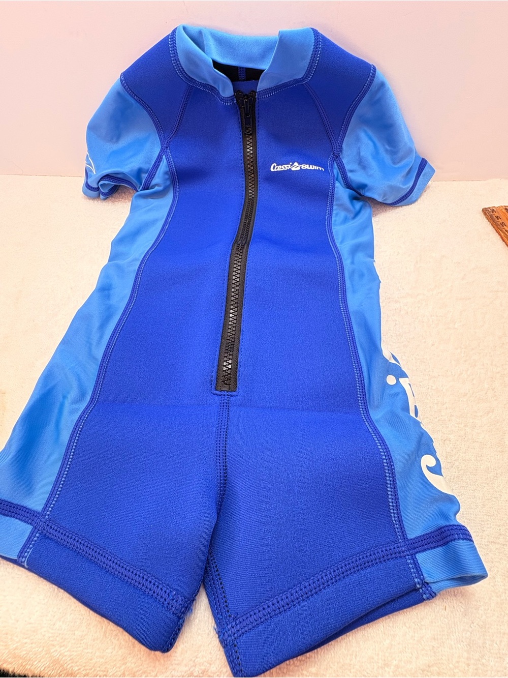 Kids Blue Short-Sleeve Swim Rashguard Suit with Front Zip